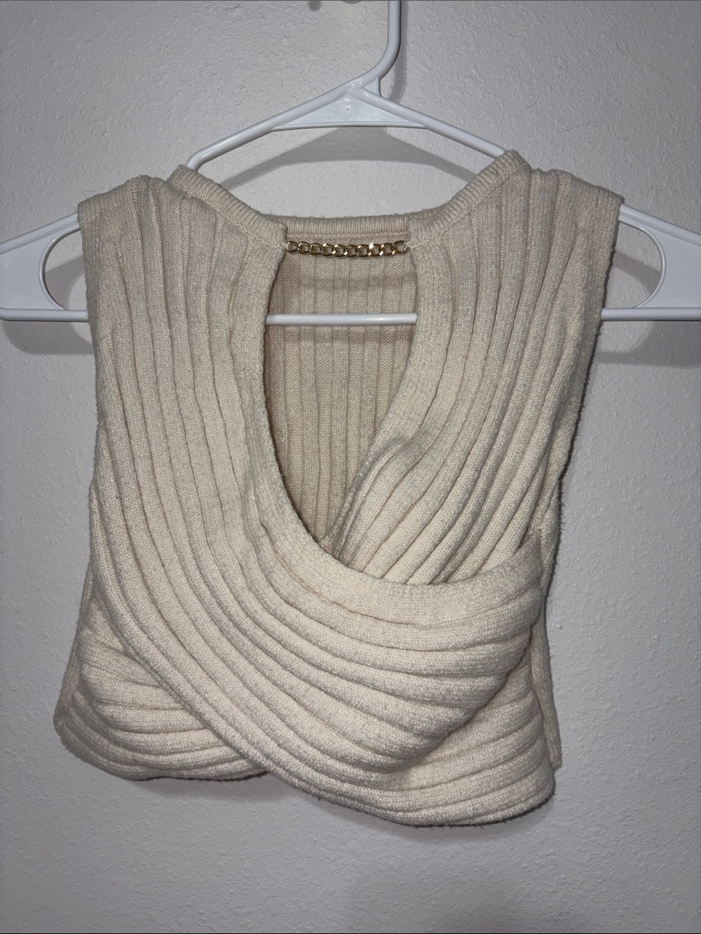 SHEIN Cream Ribbed Crossover V-Neck Sweater with Gold Chain Detail